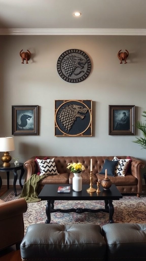 A luxurious living room inspired by Game of Thrones, featuring velvet seating, gold detailing, and a prominent Game of Thrones banner.