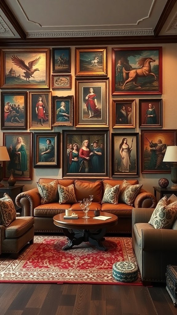 A luxurious living room featuring an eclectic art display with various framed artworks on the wall, plush seating, and a cherry-red rug.