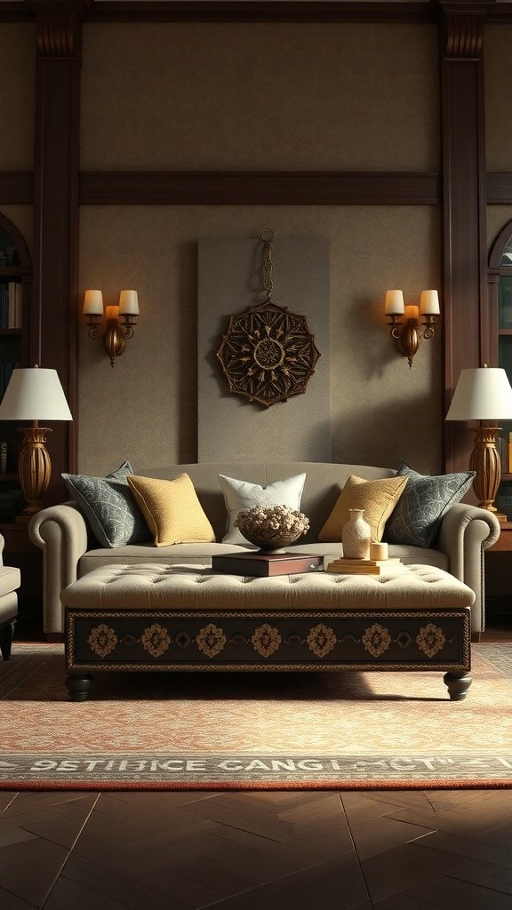 Luxurious living room featuring a plush sofa with gold detailing and a decorative ottoman.