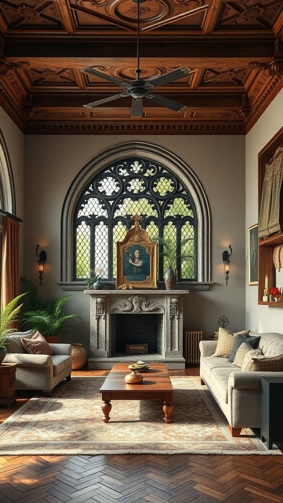 A luxurious living room featuring decorative crown molding, elegant furniture, and a grand window.