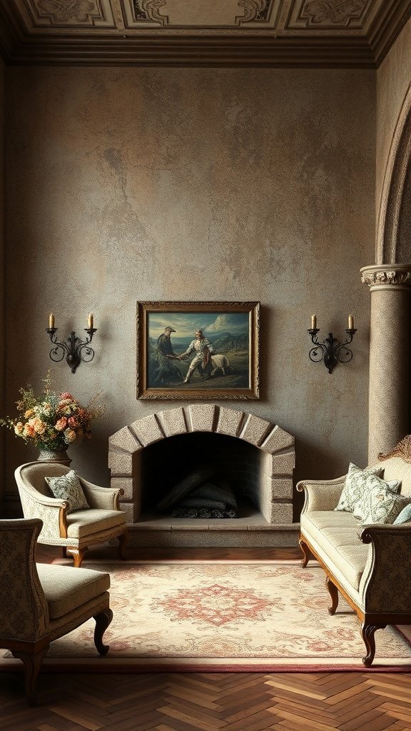 A luxurious living room with richly textured walls, elegant furniture, and a cozy fireplace.
