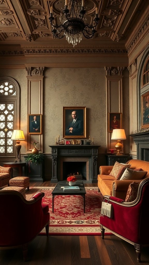 A luxurious living room with velvet seating, gold detailing, and cherry-red accents, inspired by Game of Thrones.