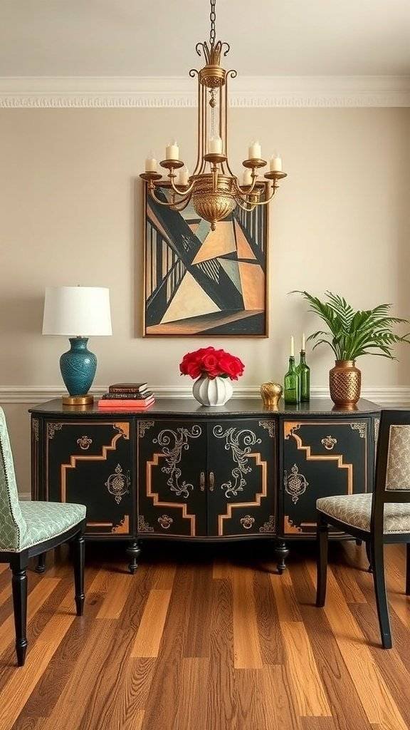A stylish room featuring a hand-painted black cabinet with gold accents, surrounded by elegant chairs and a chandelier.