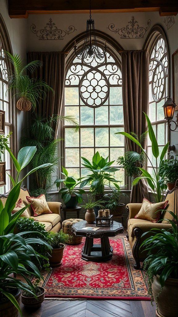 A cozy living room filled with indoor plants, featuring velvet seating, a red rug, and large windows.