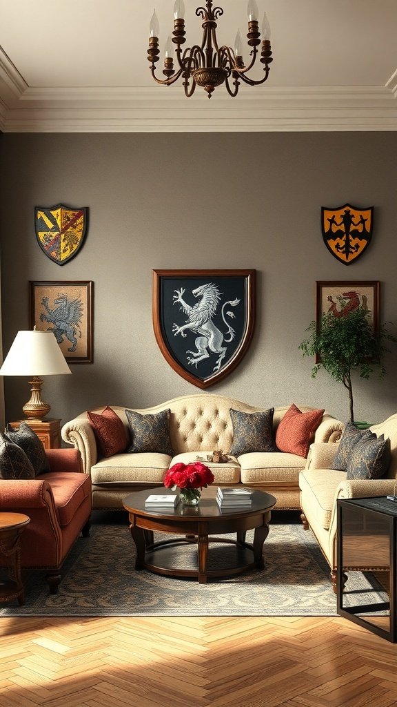 A cozy living room featuring velvet seating, gold detailing, and personalized family crests on the walls.