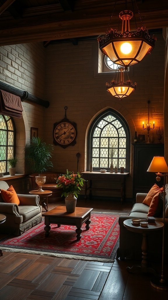 A cozy living room with layered lighting, featuring chandeliers, wall sconces, and warm accents.