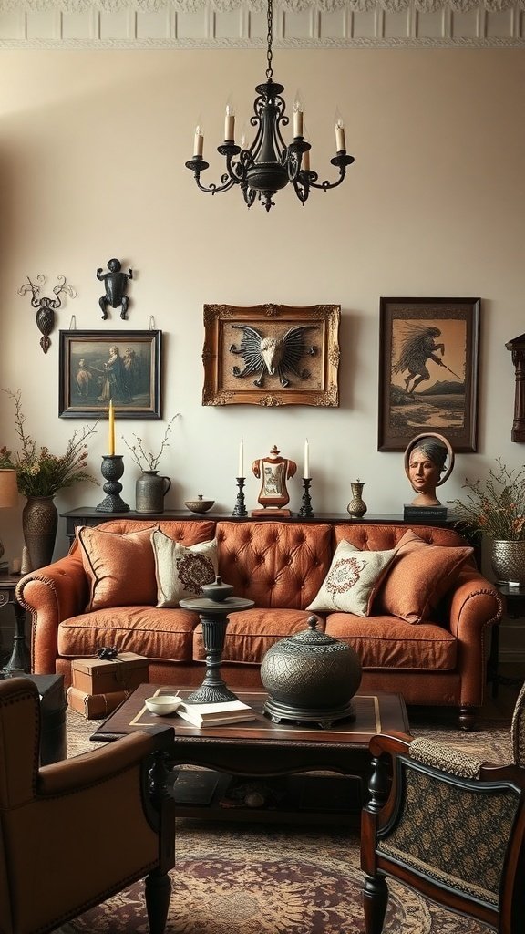 A luxurious living room featuring velvet seating, ornate decor, and unique decorative objects.