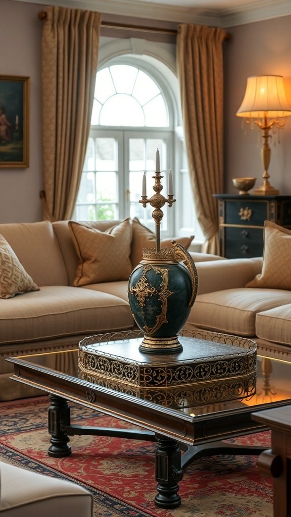 A luxurious living room with a decorative vase on a coffee table, featuring gold detailing and plush seating.