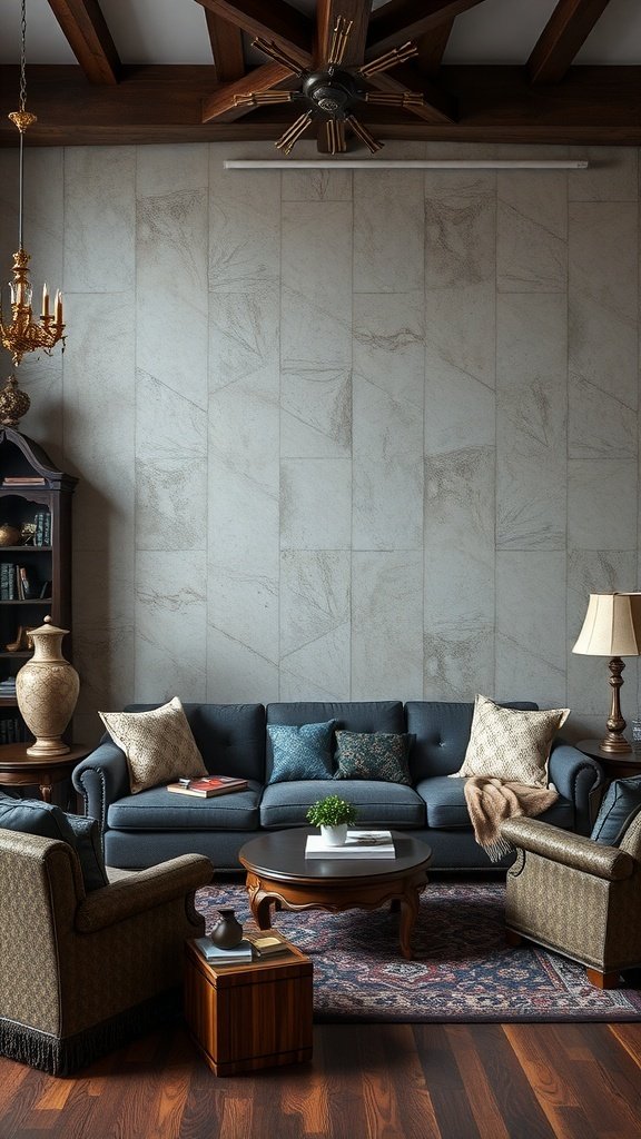 A luxurious living room with velvet seating, gold detailing, and a warm color palette.