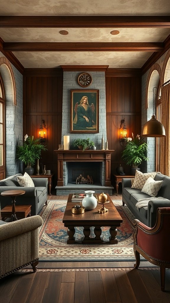 A luxurious living room featuring velvet seating, wooden accents, and a cozy layout.