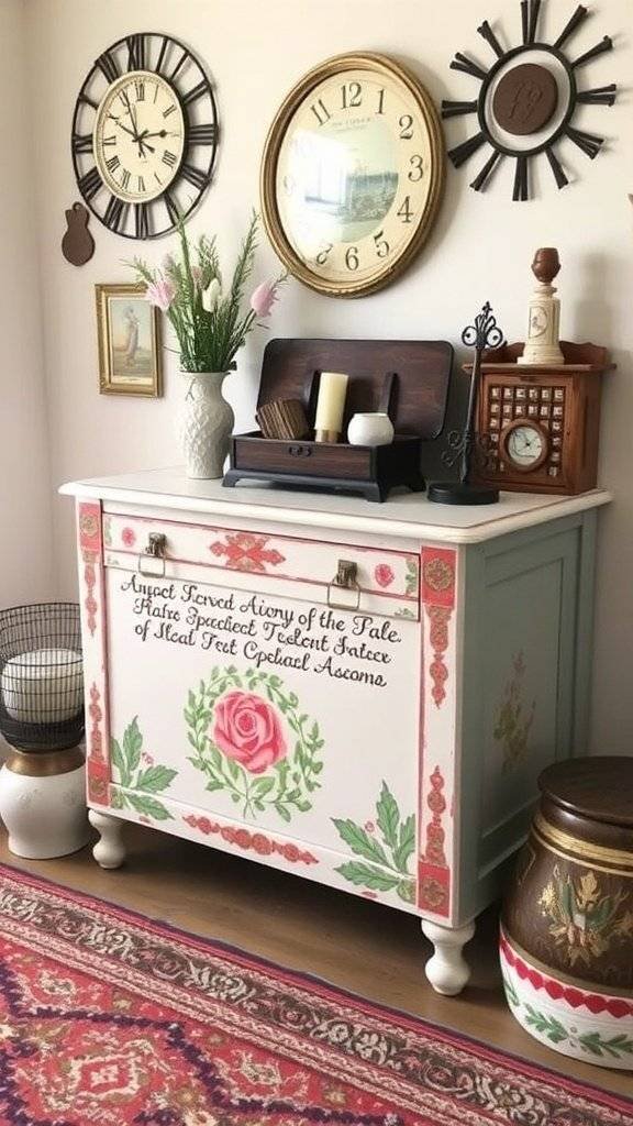 A colorful hand painted storage chest with circles and stars, surrounded by vintage decor.