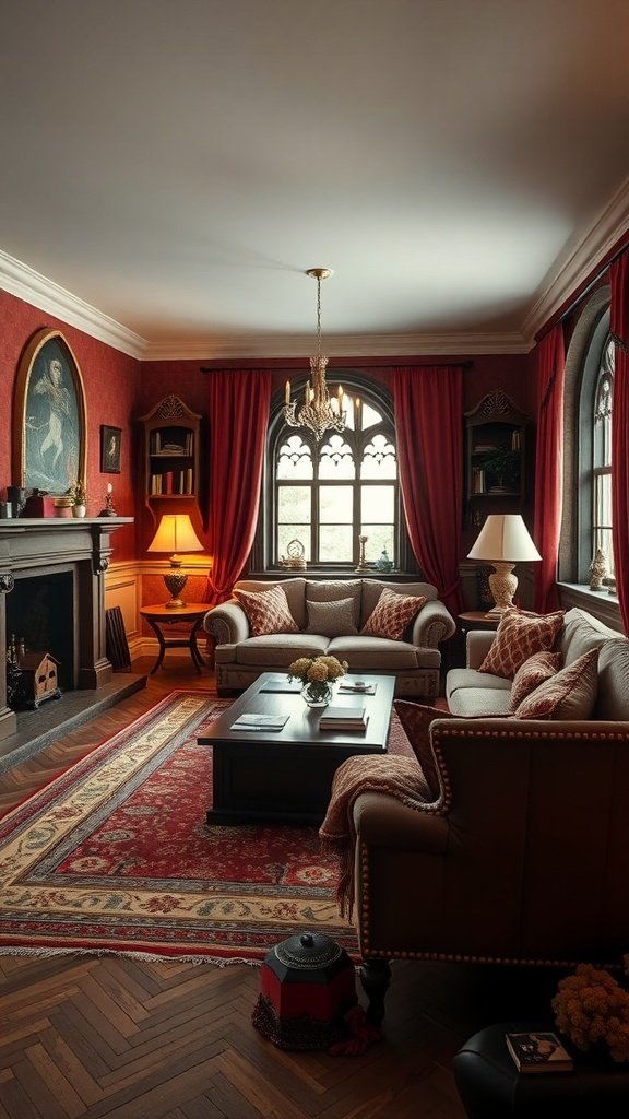 A cozy living room with velvet seating, gold detailing, and cherry-red accents, inspired by Game of Thrones.