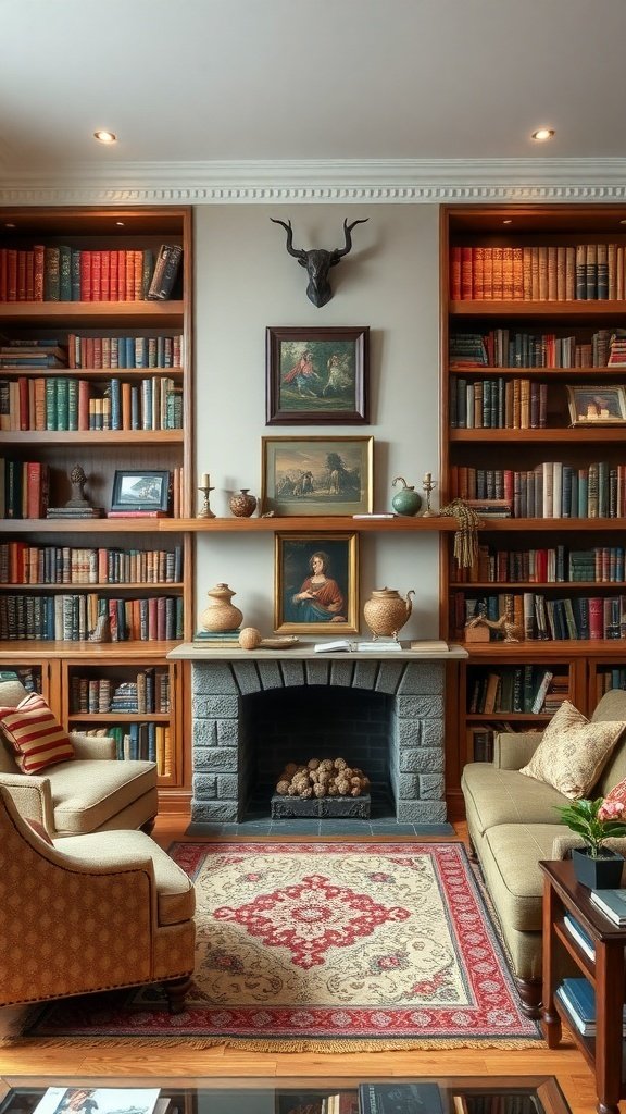 A cozy living room with curated bookshelves, featuring colorful books, decorative pottery, and a warm color palette.