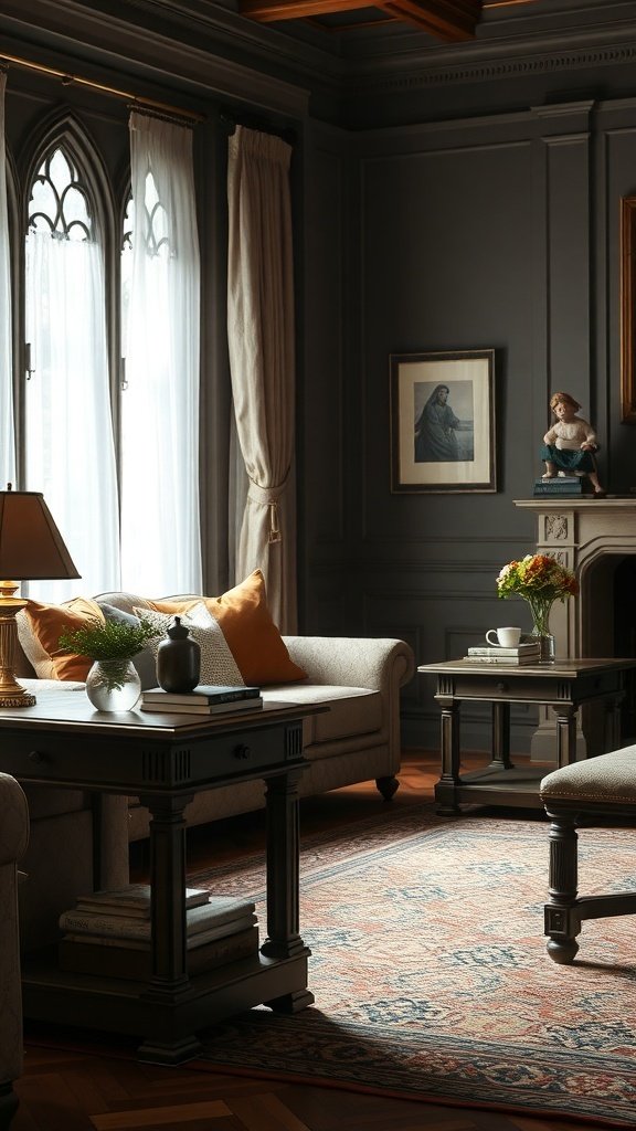 A stylish living room featuring dark walls, plush seating, and elegant side tables.