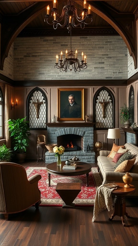 A luxurious living room featuring velvet seating, a stone fireplace, and rich wood details, inspired by Game of Thrones.