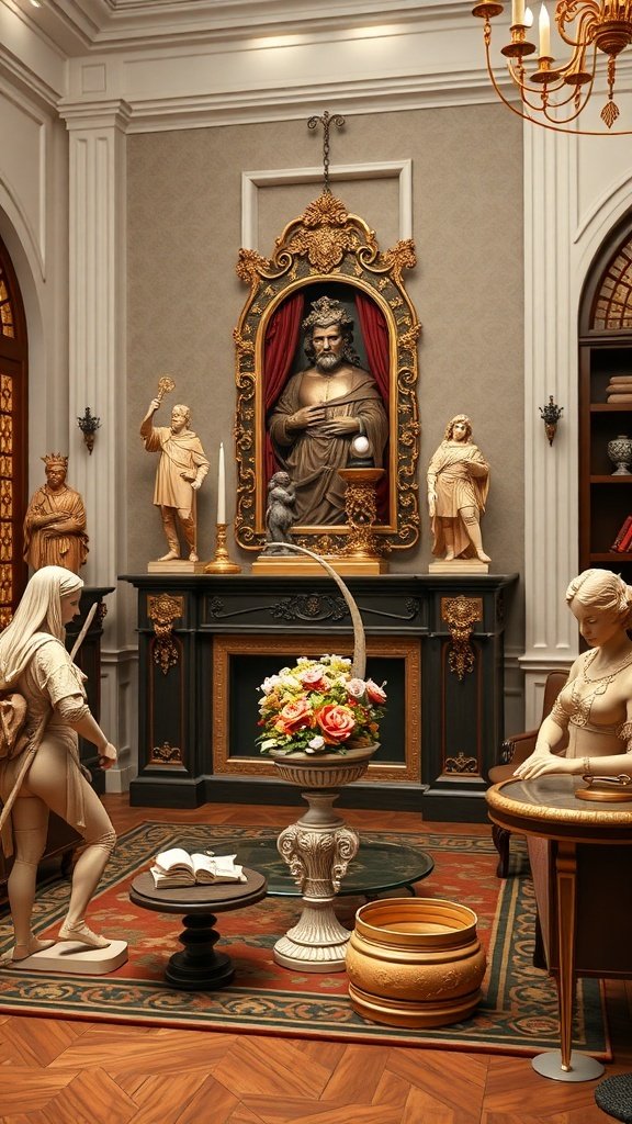 A luxurious living room featuring artful sculptures and statues, with a central statue, floral arrangement, and elegant furnishings.