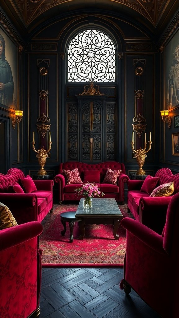 Luxurious living room with red velvet seating, gold accents, and dark walls.