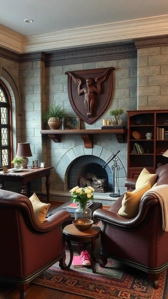 A cozy living room with velvet seating, a wooden shield on the wall, and a fireplace, showcasing personalized decor touches.