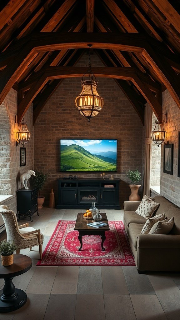 A luxurious living room with velvet seating, gold detailing, and cherry-red accents, featuring a chandelier and a large TV.