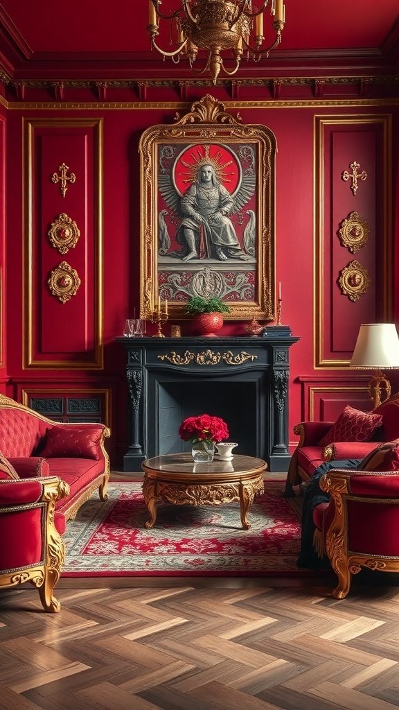 A luxurious living room featuring cherry-red walls, gold detailing, and plush velvet seating.