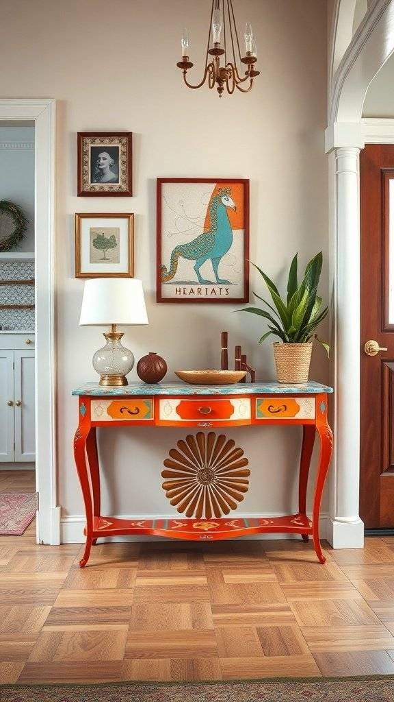 A colorful hand-painted console table with intricate designs, surrounded by decorative items and artwork.