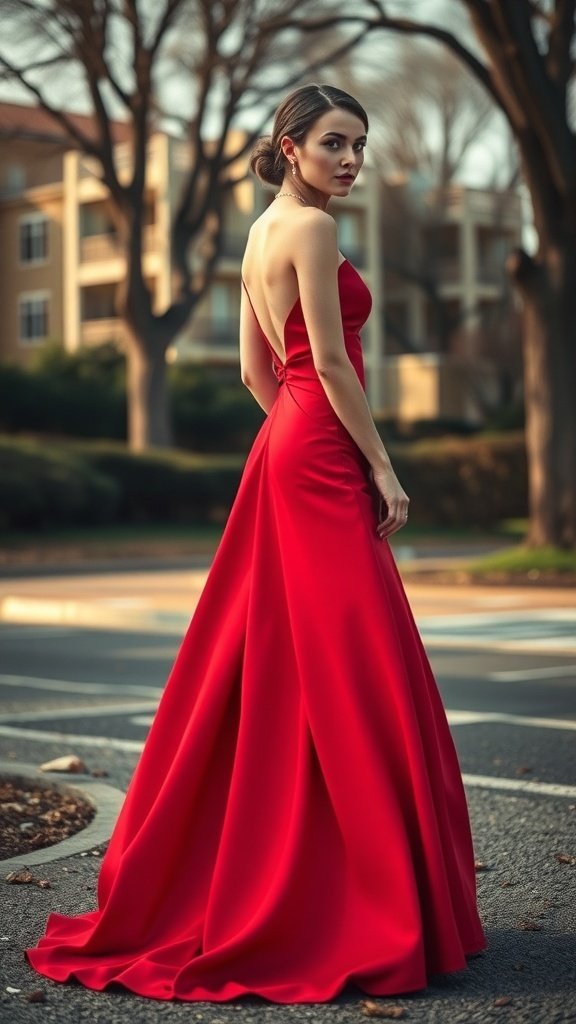 A woman in a stunning red gown with a backless design, standing confidently outdoors.