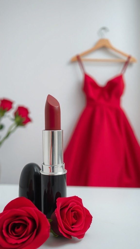 A bold red lipstick in front of a red dress and roses, symbolizing Cherry Coded Fashion.