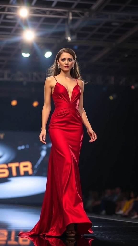 A model showcasing a stunning red evening gown on a runway, featuring a crisscross back and a dramatic train.