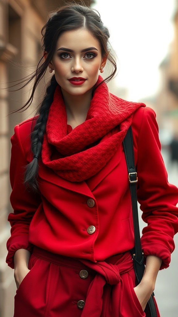 A close-up of a layered red outfit featuring various textures.