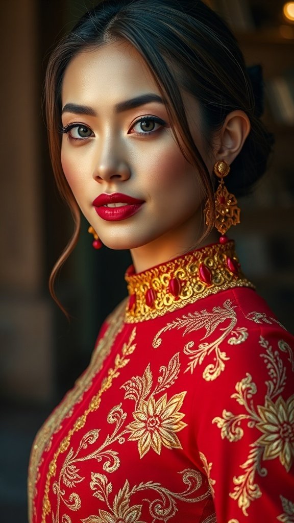 Close-up of a red garment with intricate gold embroidery, showcasing luxury and elegance.