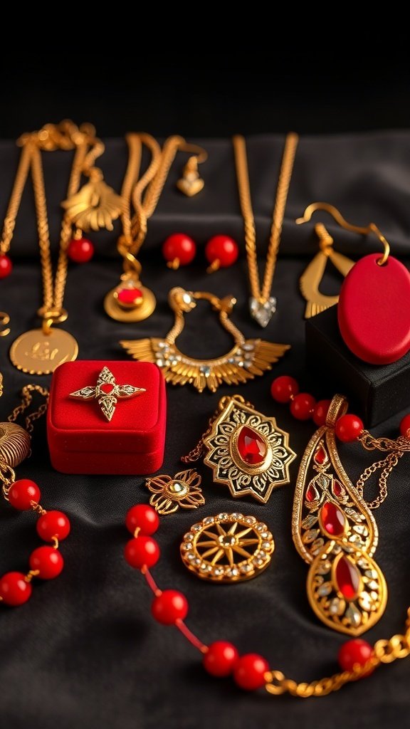 An assortment of red and gold jewelry displayed on a black background, featuring necklaces, earrings, and a red velvet box.
