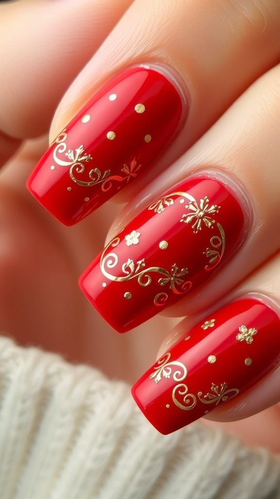 Close-up of red nail design with gold accents and intricate details
