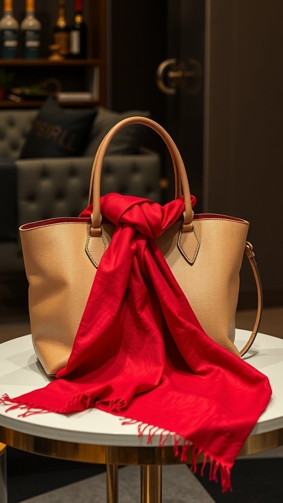 A stylish brown handbag with a red scarf draped over it, set on a marble table.
