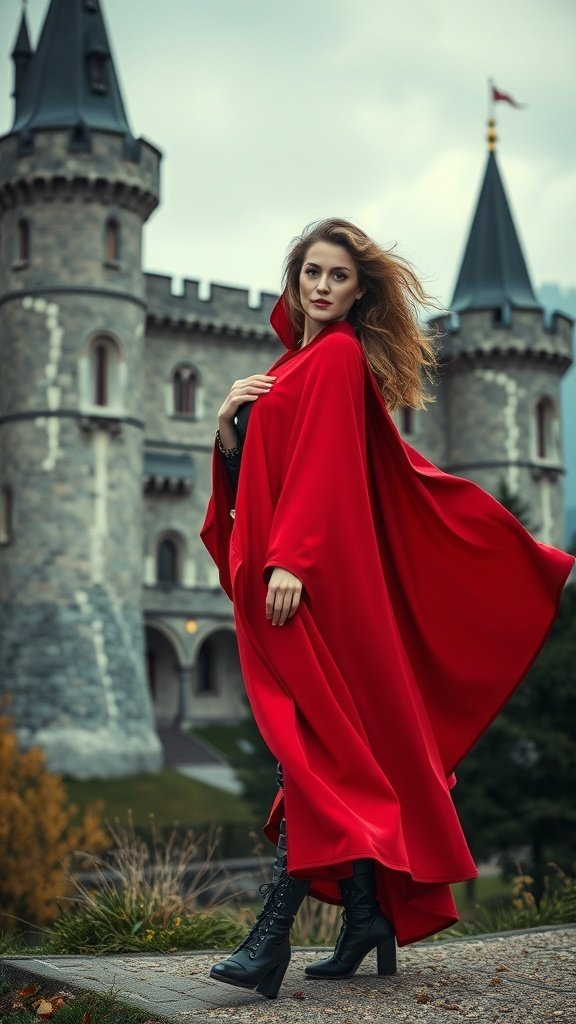 A model wearing a dramatic red cape in front of a castle