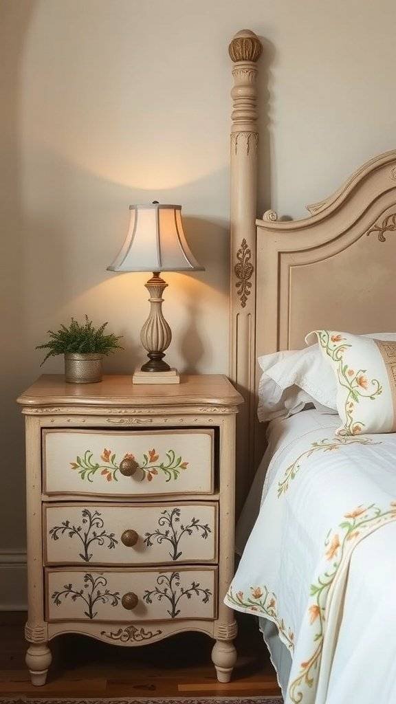 A hand-painted nightstand with floral designs next to a bed in a cozy bedroom.