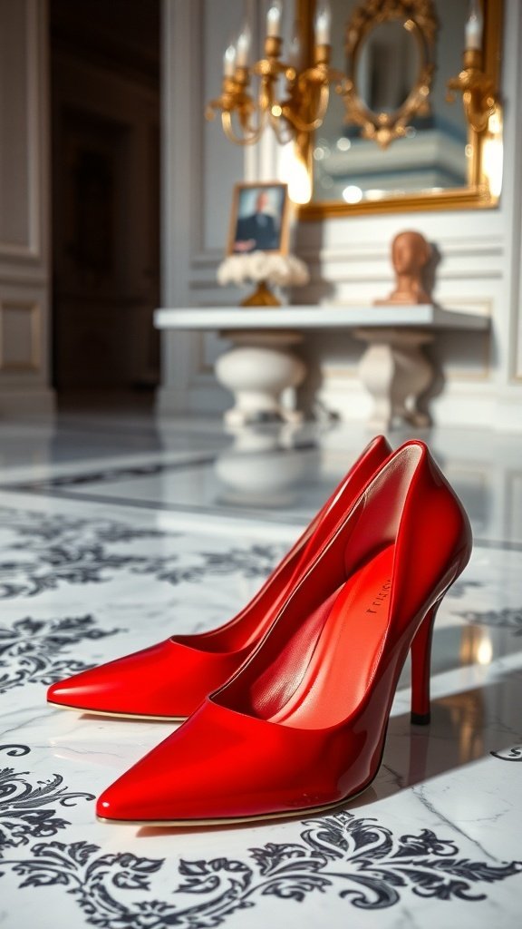 A pair of glossy red high heels on an elegant floor, symbolizing bold fashion.