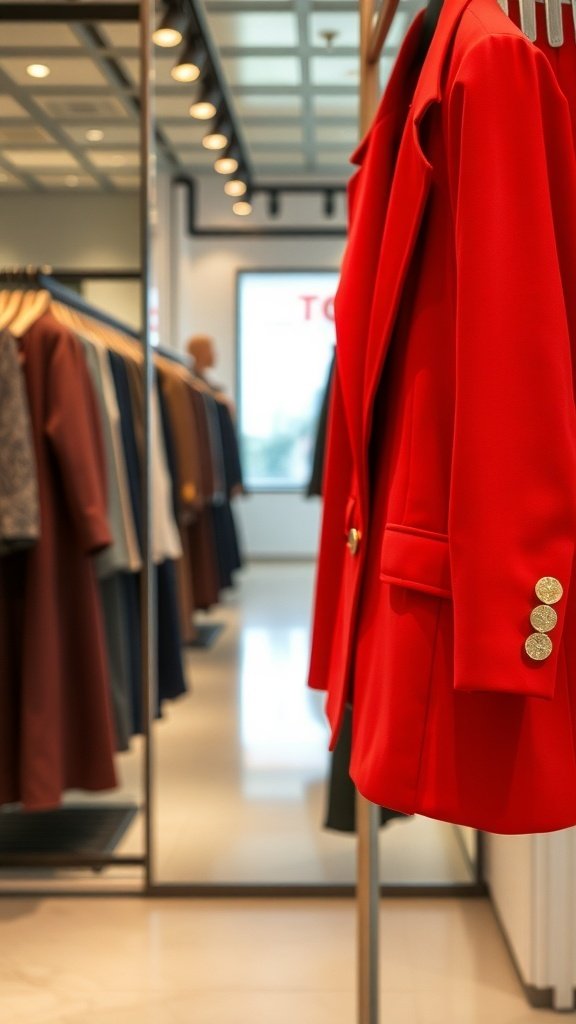 A tailored red blazer with gold buttons displayed in a boutique.