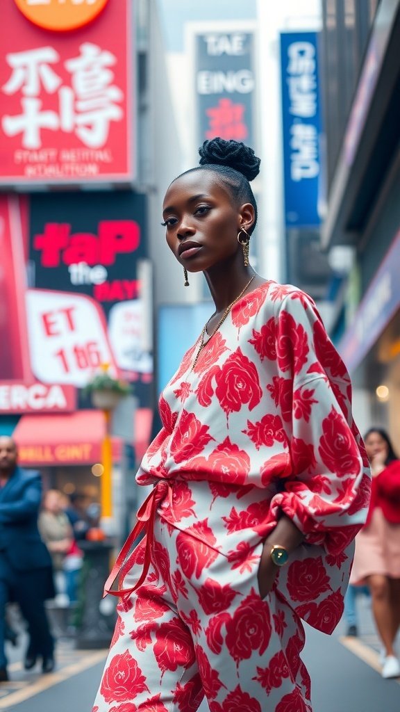 A model in a vibrant red patterned outfit, confidently walking in a city street.