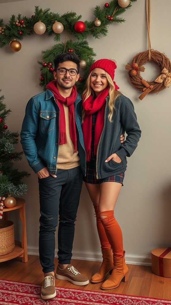A couple dressed in red and gold outfits, standing in a festive setting with Christmas decorations.