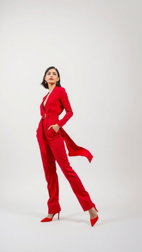 A model in a bold red outfit striking a pose with large red letters in the background.