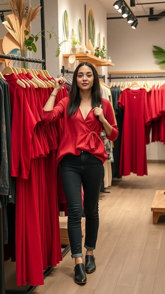 A rack displaying various red clothing items, showcasing a range of styles from dresses to tops.
