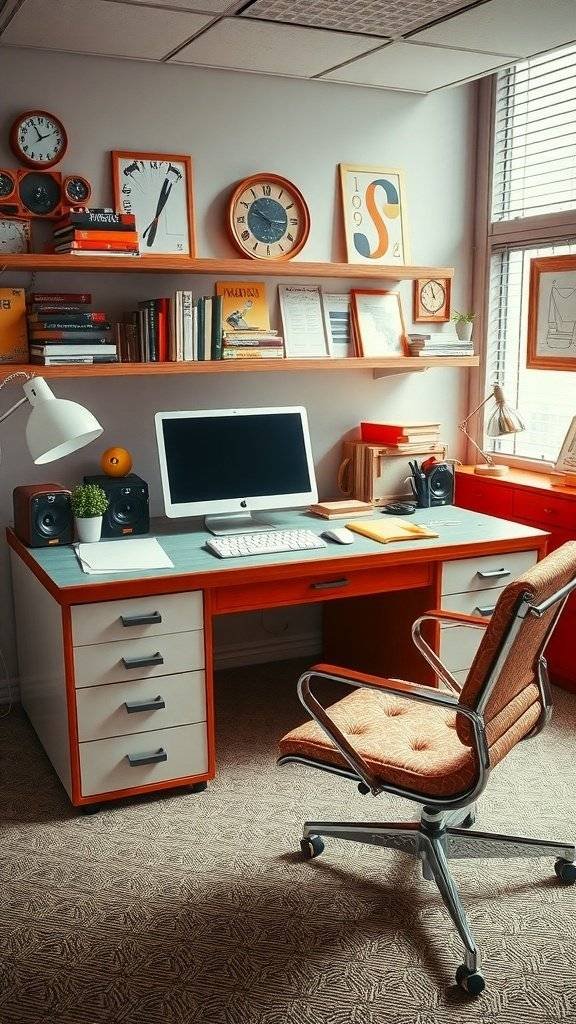 A stylish office desk inspired by the 1960s with hand-painted elements, featuring a bright orange and white color scheme, a comfortable chair, and decorative shelves.