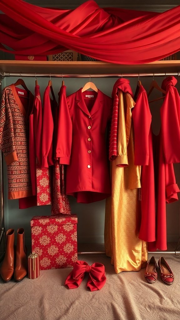 A collection of red and gold fashion pieces inspired by Lannister style, featuring dresses, blouses, and accessories.