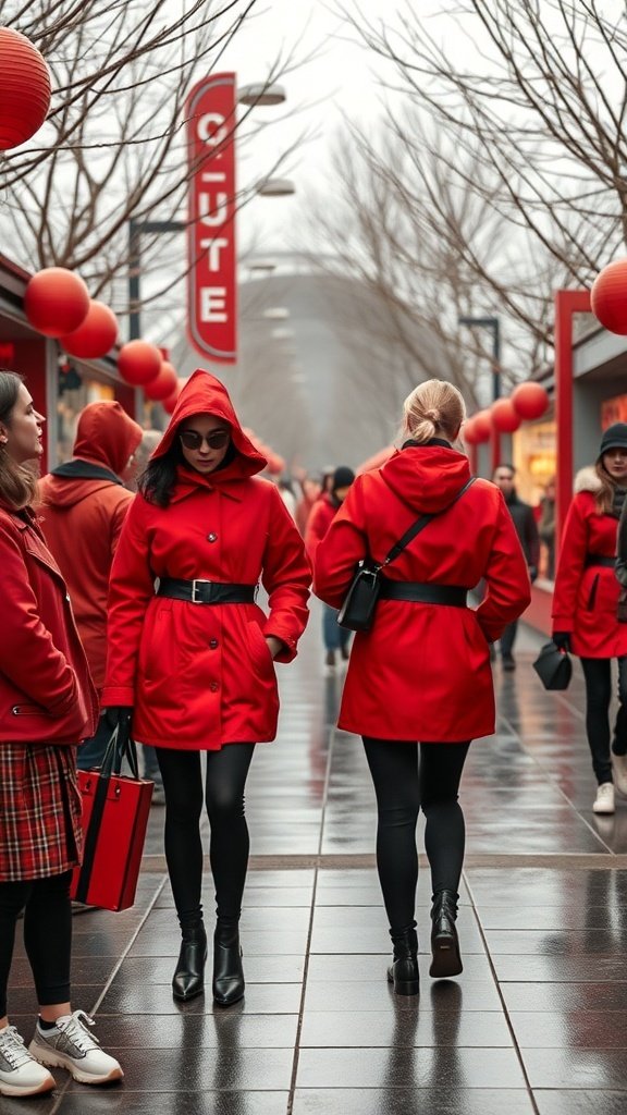A group of people wearing red coats walking in a stylish urban setting.