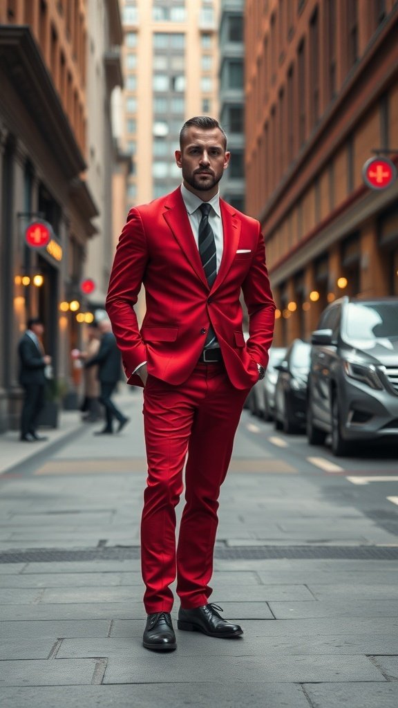 A man in a striking red suit standing confidently on a city street.