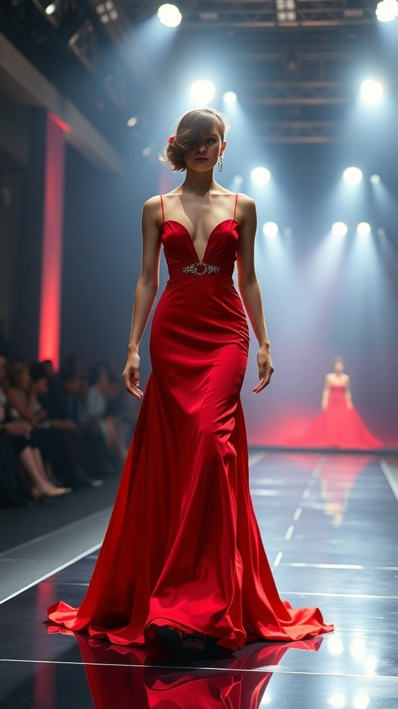 Model wearing a stunning red gown on a fashion runway