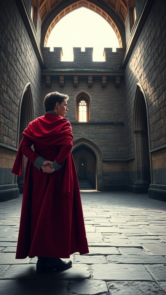 A person in a red cloak standing in a grand stone corridor, symbolizing power and authority.