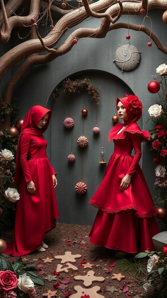 Two women in deep red gowns standing against a whimsical backdrop with branches and ornaments.