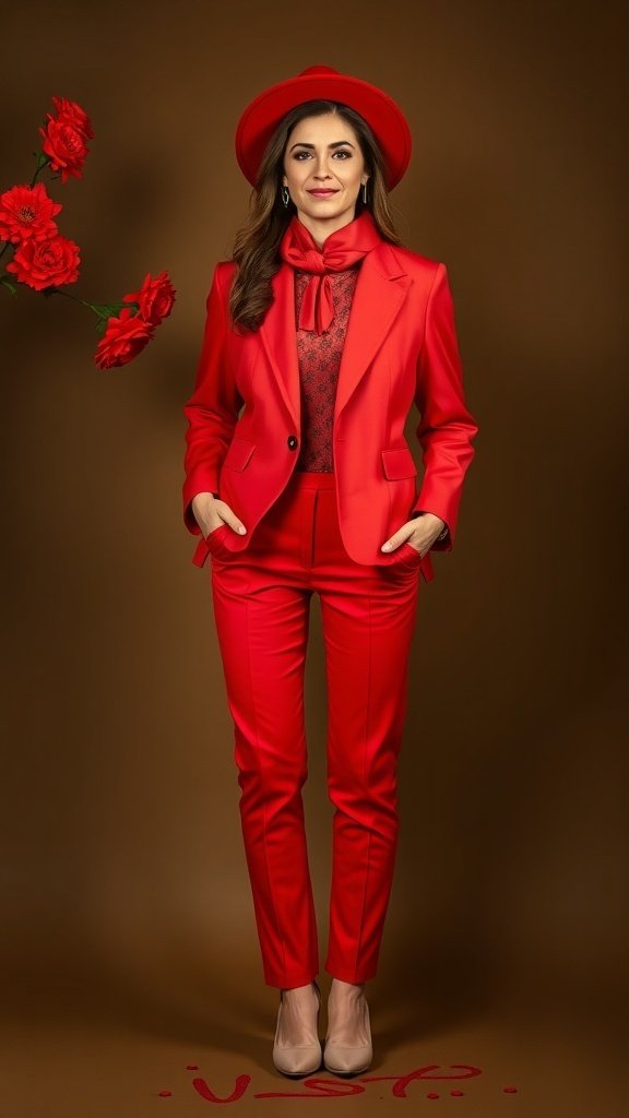A vibrant red blazer displayed with matching accessories, including a handbag and decorative elements.