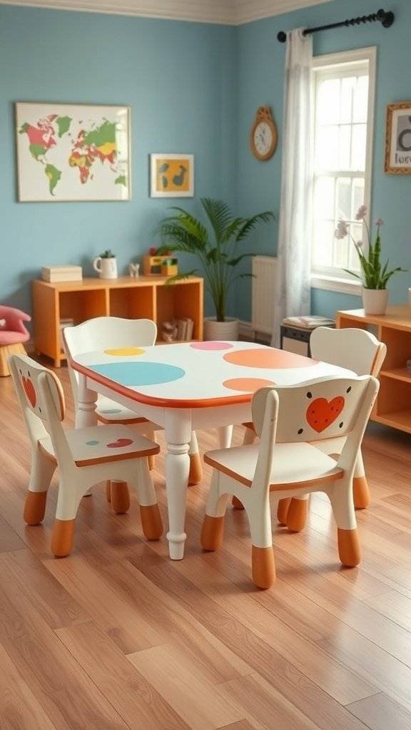 A colorful hand-painted kids' furniture set featuring a table with dots and hearts and matching chairs.